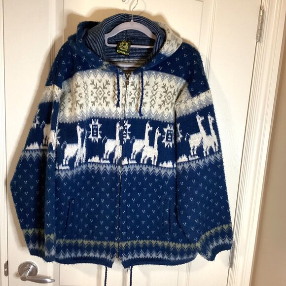 Tejidos Ruminahui Men's Knit Jacket Cardigan Hoodie Blue Lama Sweater Warm - Picture 1 of 9